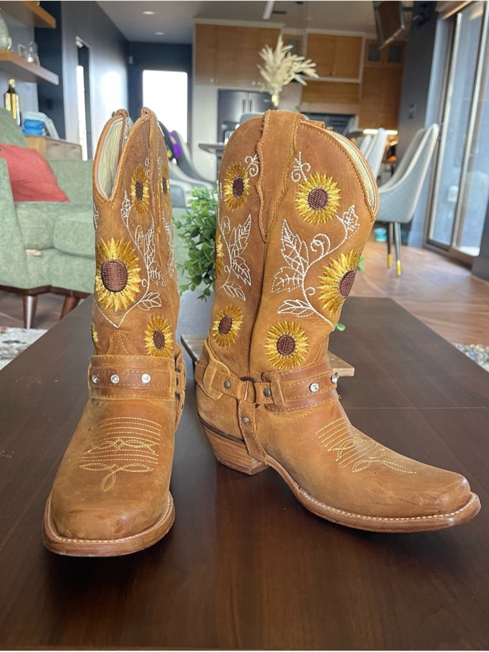 Women's Sunflower Embroidered Leather Cowboy Boots - Brown